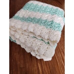 Handmade Green White Afghan Throw Baby Blanket 34x44 Crochet‎ Shabby Chic Pastel